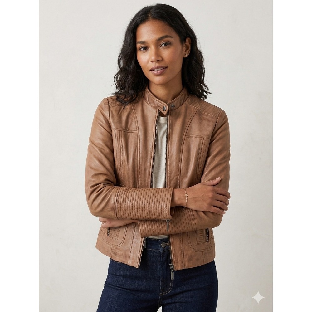 Bernardo Leather Bomber Jacket Petite XS Chestnut Brown Distressed Scuffed